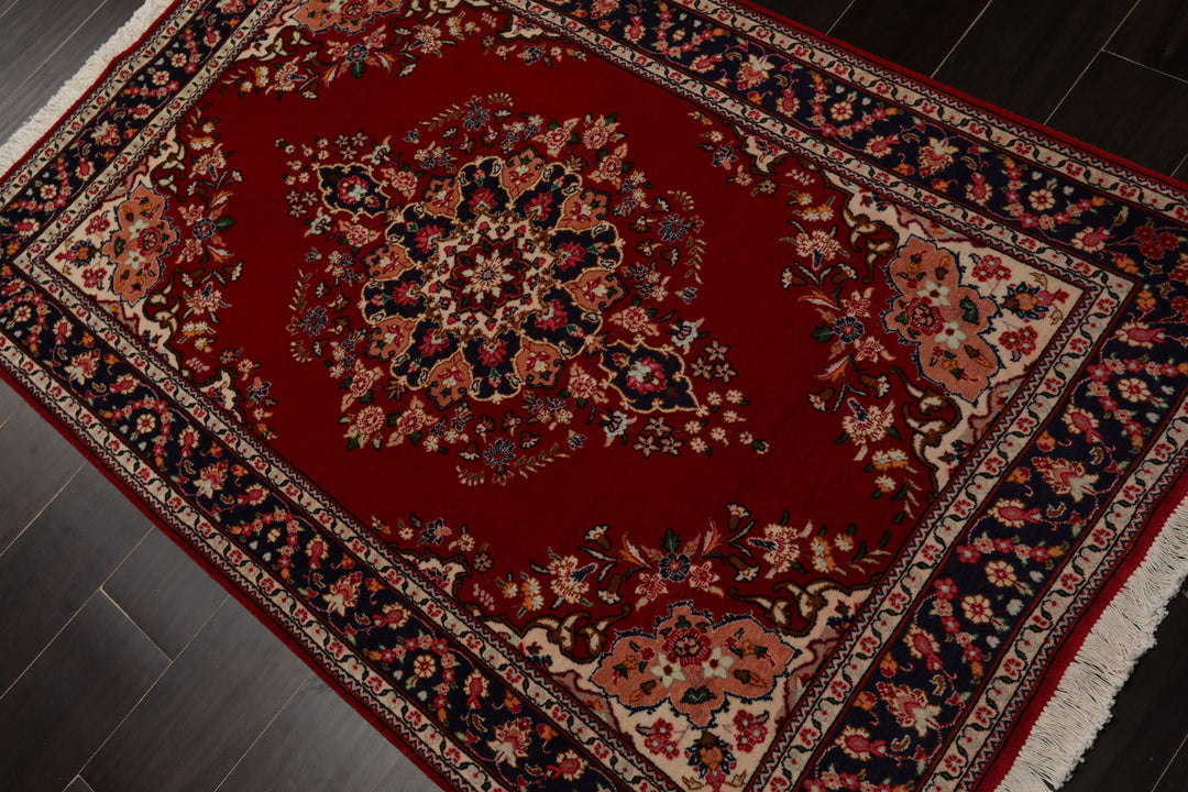3x5 Red, Navy, Ivory Color Hand Knotted Tabriz Wool Traditional Oriental Rug