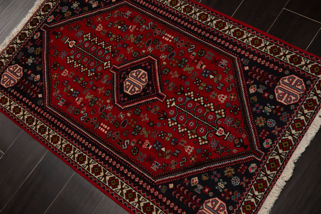 3x5 Red, Navy, Ivory Color Hand Knotted Abadeh Wool Traditional Oriental Rug