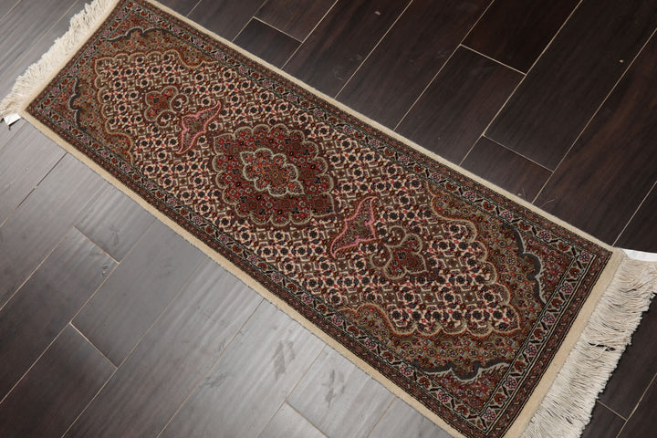 Runner Ivory, Brown, Pink Color Hand Knotted Tabriz Wool & Silk Traditional Oriental Rug