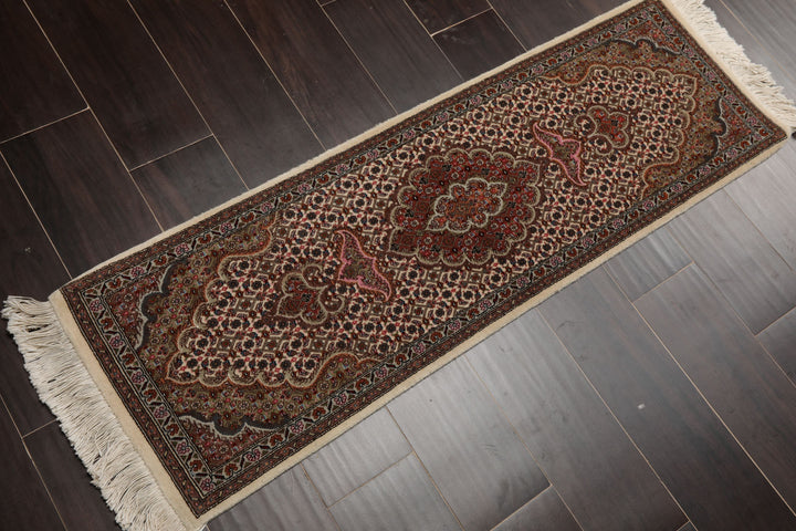 Runner Ivory, Brown, Pink Color Hand Knotted Tabriz Wool & Silk Traditional Oriental Rug