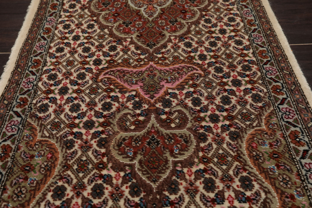 Runner Ivory, Brown, Pink Color Hand Knotted Tabriz Wool & Silk Traditional Oriental Rug