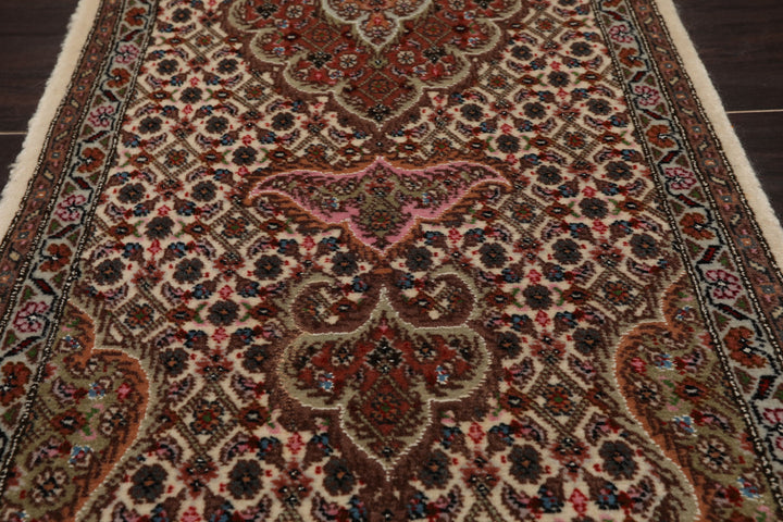 Runner Ivory, Brown, Pink Color Hand Knotted Tabriz Wool & Silk Traditional Oriental Rug