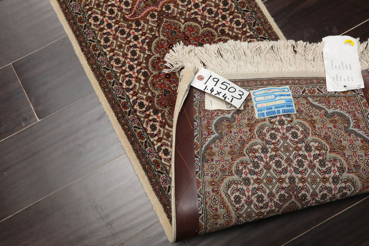 Runner Ivory, Brown, Pink Color Hand Knotted Tabriz Wool & Silk Traditional Oriental Rug
