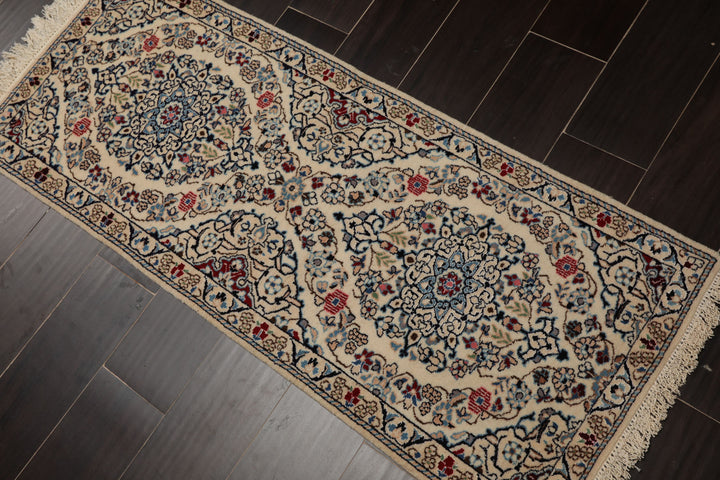 Runner Ivory, Blue, Maroon Color Hand Knotted Nain Wool & Silk Traditional Oriental Rug