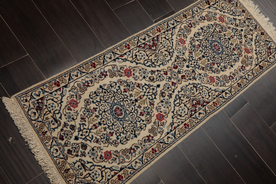 Runner Ivory, Blue, Maroon Color Hand Knotted Nain Wool & Silk Traditional Oriental Rug