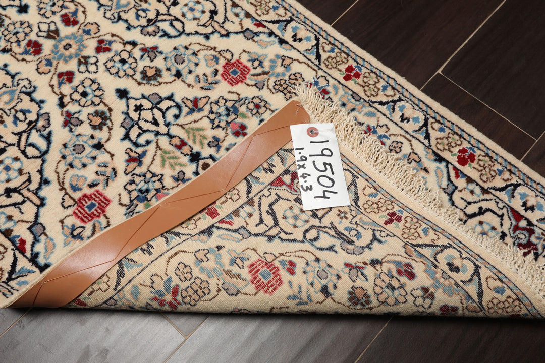Runner Ivory, Blue, Maroon Color Hand Knotted Nain Wool & Silk Traditional Oriental Rug