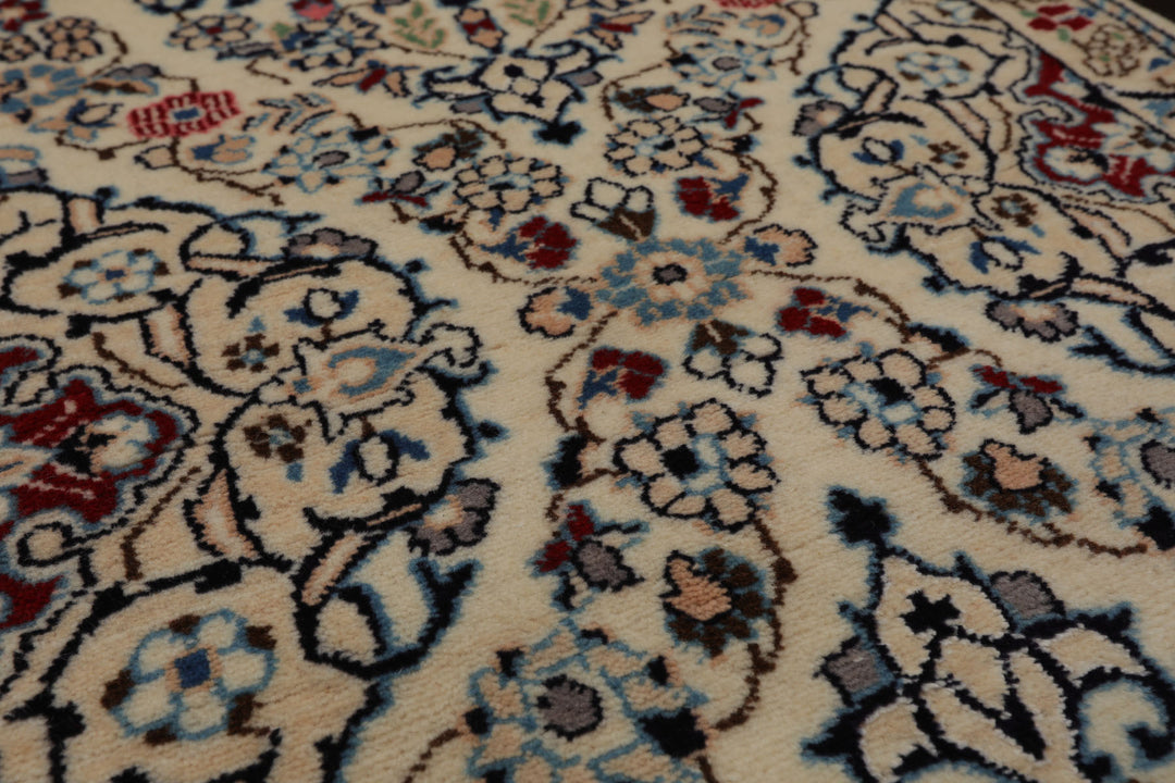 Runner Ivory, Blue, Maroon Color Hand Knotted Nain Wool & Silk Traditional Oriental Rug