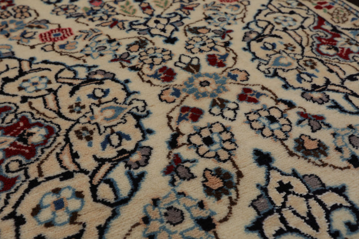 Runner Ivory, Blue, Maroon Color Hand Knotted Nain Wool & Silk Traditional Oriental Rug
