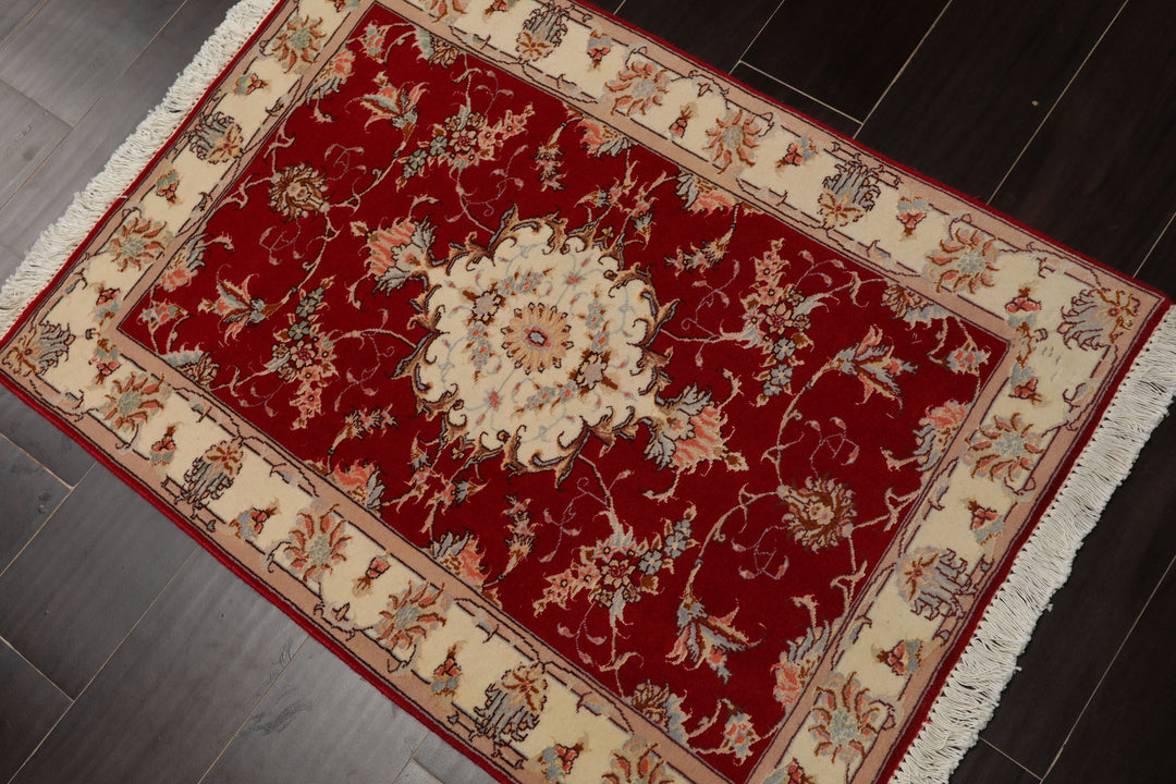 2x3 Red, Ivory, Aqua Color Hand Knotted Tabriz Wool & Silk Traditional Oriental Rug