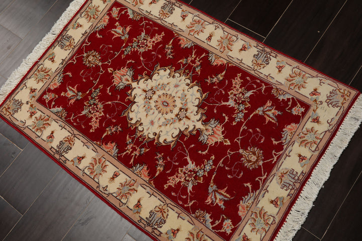 2x3 Red, Ivory, Aqua Color Hand Knotted Tabriz Wool & Silk Traditional Oriental Rug