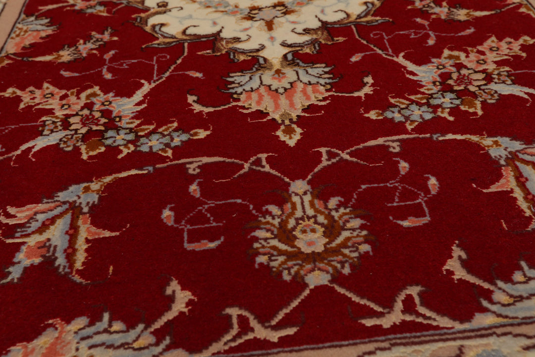 2x3 Red, Ivory, Aqua Color Hand Knotted Tabriz Wool & Silk Traditional Oriental Rug