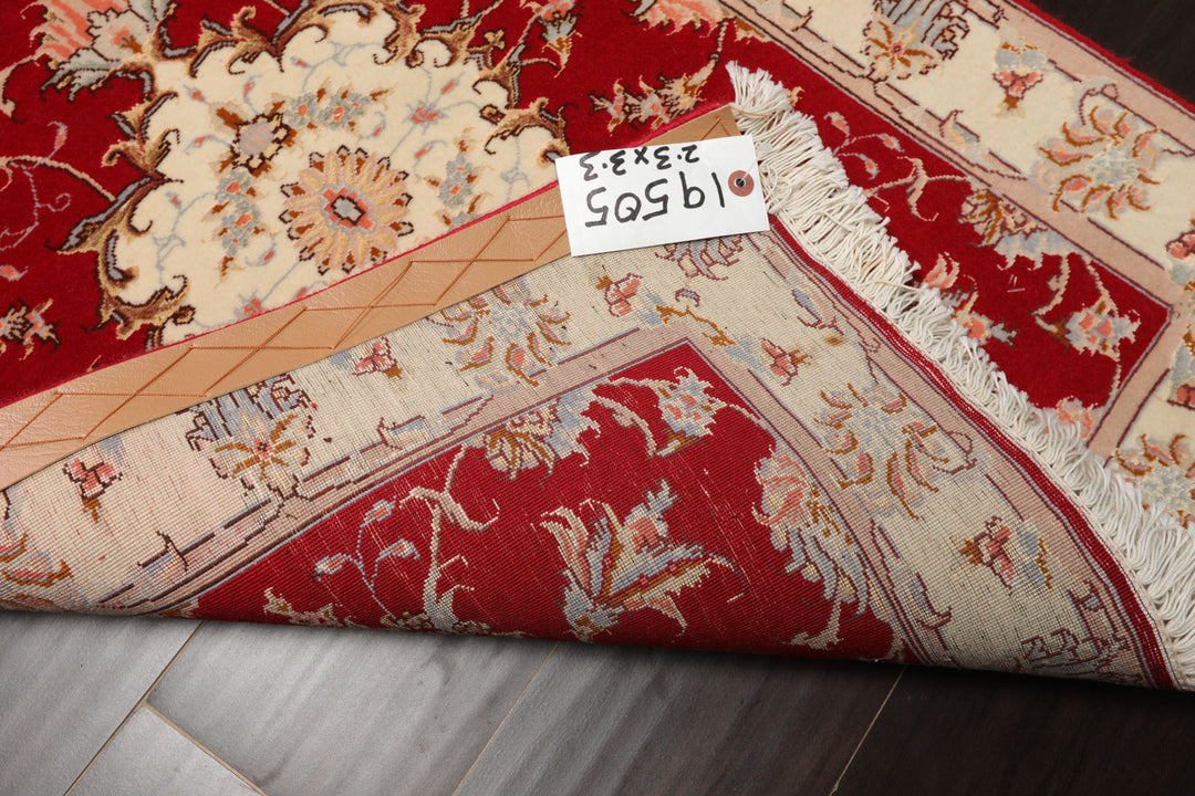 2x3 Red, Ivory, Aqua Color Hand Knotted Tabriz Wool & Silk Traditional Oriental Rug