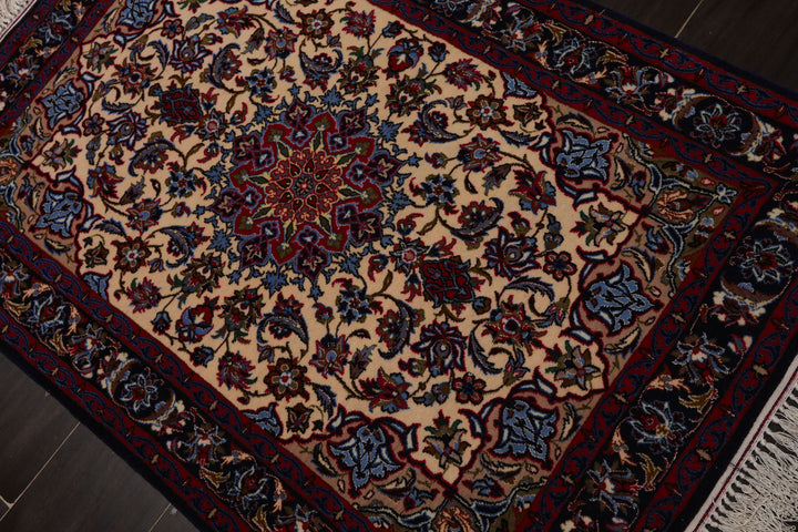 2x3 Beige, Navy, Red Color Hand Knotted Isfahan Wool & Silk Traditional Oriental Rug
