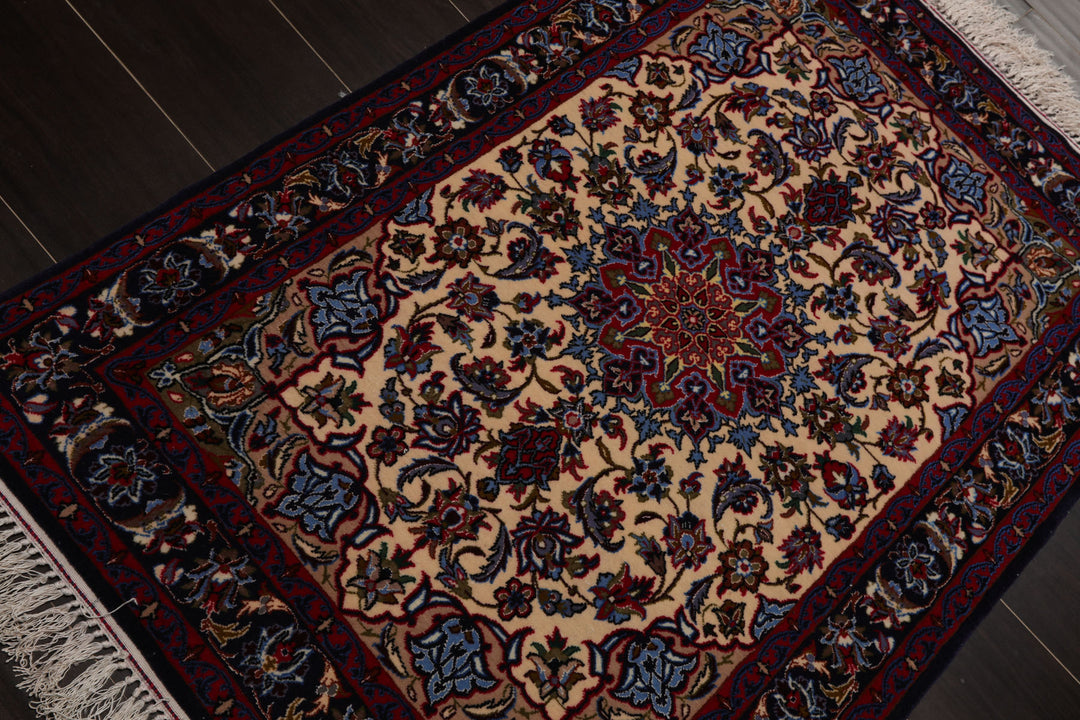 2x3 Beige, Navy, Red Color Hand Knotted Isfahan Wool & Silk Traditional Oriental Rug