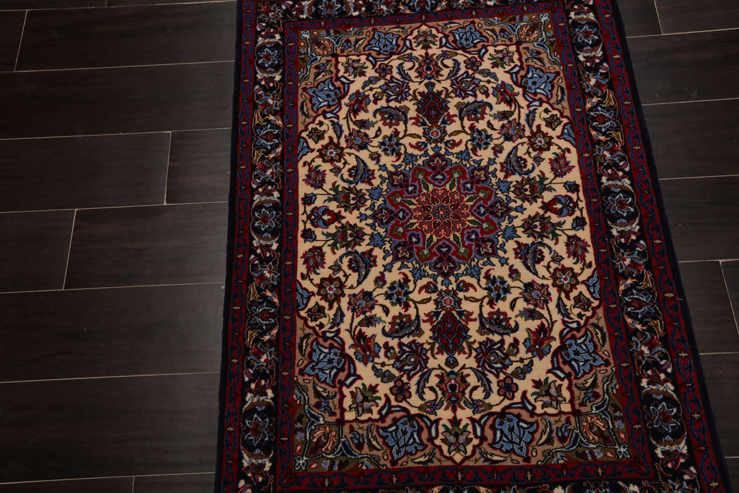 2x3 Beige, Navy, Red Color Hand Knotted Isfahan Wool & Silk Traditional Oriental Rug