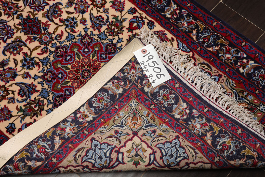 2x3 Beige, Navy, Red Color Hand Knotted Isfahan Wool & Silk Traditional Oriental Rug