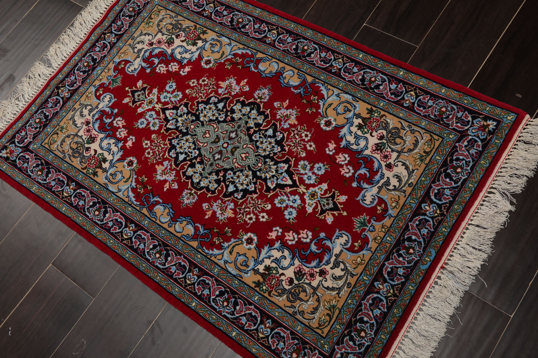 2x3 Red, Blue, Pistacchio Color Hand Knotted Isfahan Wool & Silk Traditional Oriental Rug