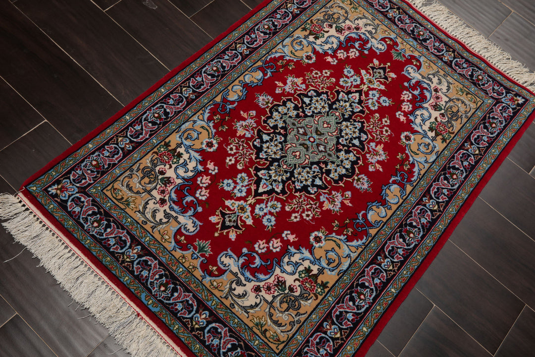 2x3 Red, Blue, Pistacchio Color Hand Knotted Isfahan Wool & Silk Traditional Oriental Rug