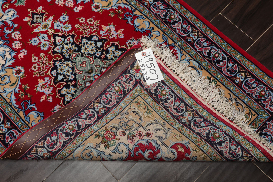 2x3 Red, Blue, Pistacchio Color Hand Knotted Isfahan Wool & Silk Traditional Oriental Rug