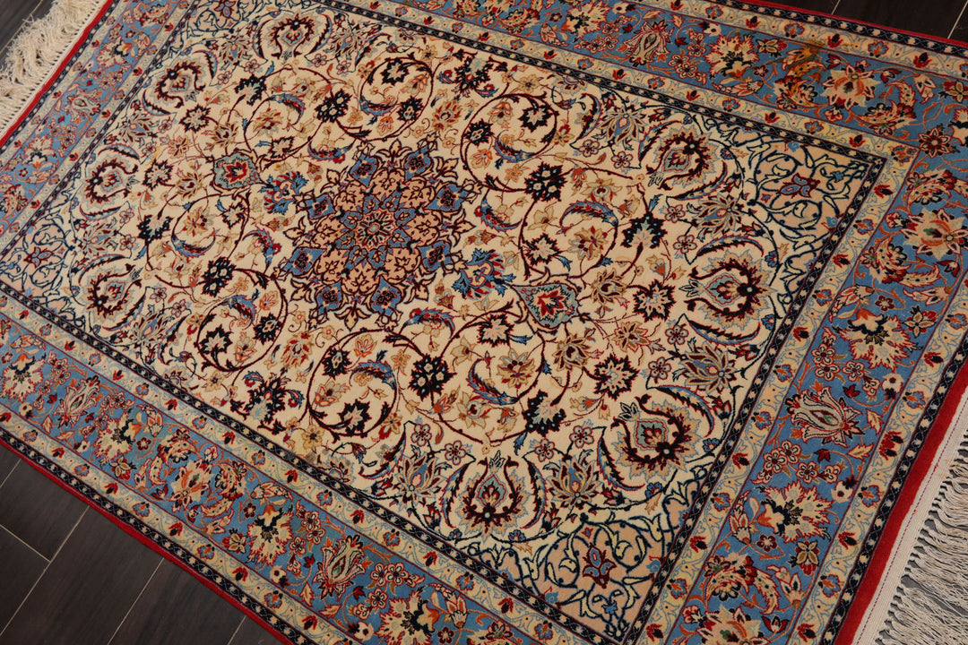 3x5 Ivory, Aqua, Blue Color Hand Knotted Isfahan Wool & Silk Traditional Oriental Rug