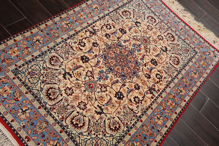 3x5 Ivory, Aqua, Blue Color Hand Knotted Isfahan Wool & Silk Traditional Oriental Rug