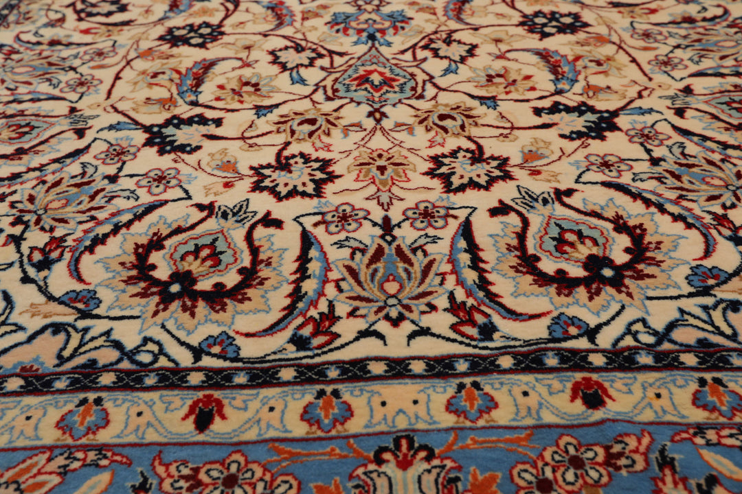 3x5 Ivory, Aqua, Blue Color Hand Knotted Isfahan Wool & Silk Traditional Oriental Rug