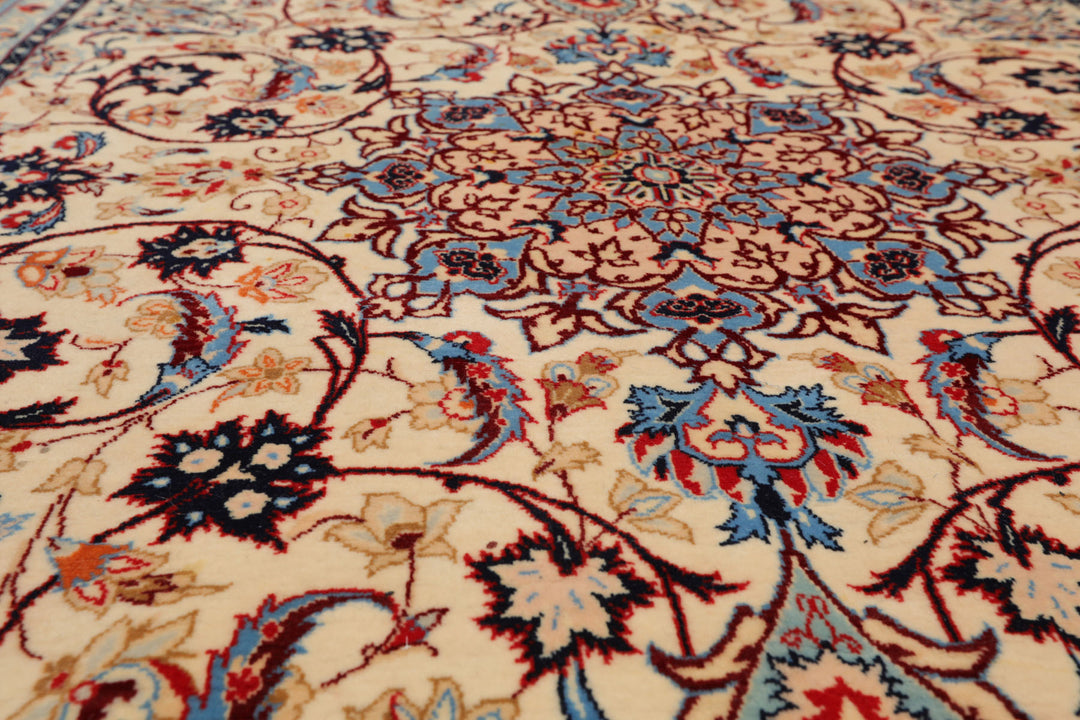 3x5 Ivory, Aqua, Blue Color Hand Knotted Isfahan Wool & Silk Traditional Oriental Rug