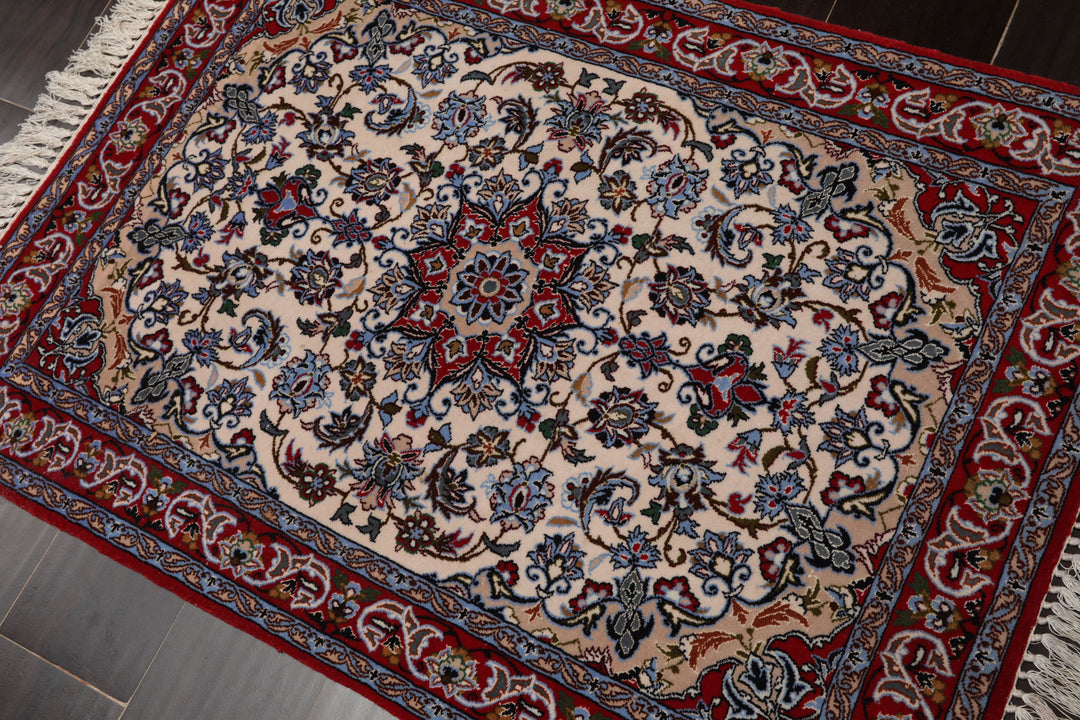 2x3 Ivory, Red, Blue Color Hand Knotted Isfahan Wool & Silk Traditional Oriental Rug
