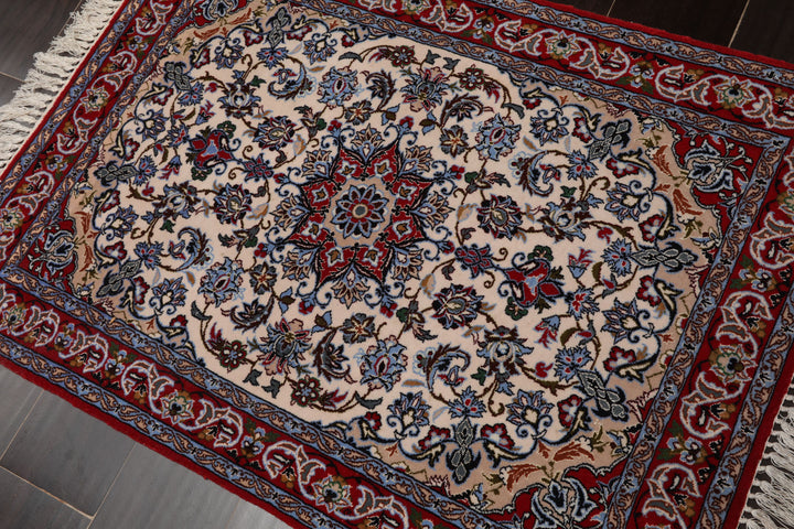 2x3 Ivory, Red, Blue Color Hand Knotted Isfahan Wool & Silk Traditional Oriental Rug