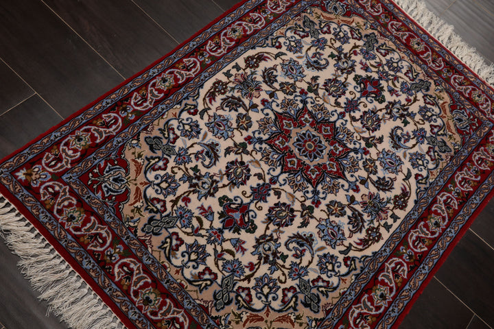 2x3 Ivory, Red, Blue Color Hand Knotted Isfahan Wool & Silk Traditional Oriental Rug