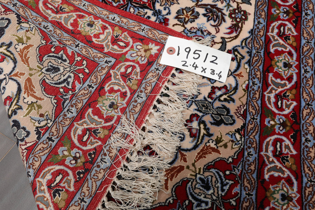 2x3 Ivory, Red, Blue Color Hand Knotted Isfahan Wool & Silk Traditional Oriental Rug
