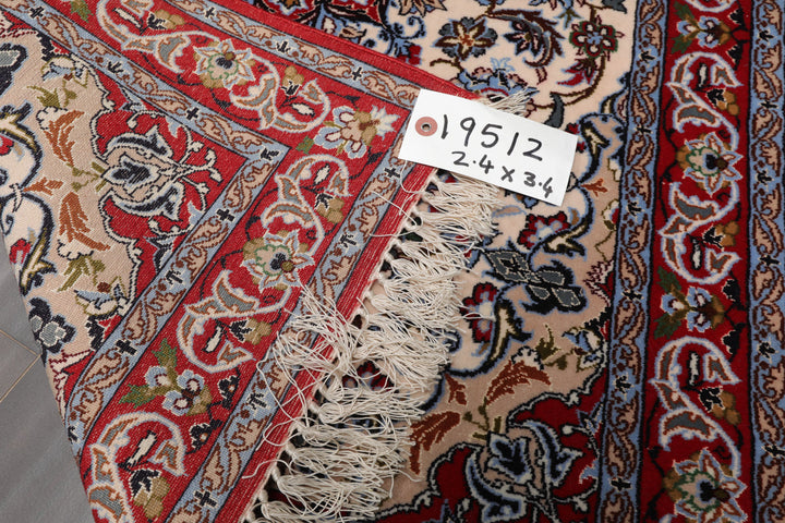 2x3 Ivory, Red, Blue Color Hand Knotted Isfahan Wool & Silk Traditional Oriental Rug
