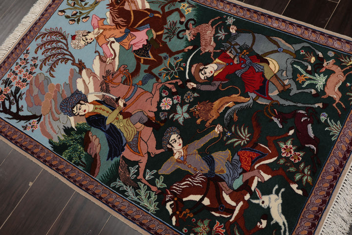 3x4 Green, Blue, Rose Color Hand Knotted Isfahan Wool & Silk Traditional Oriental Rug