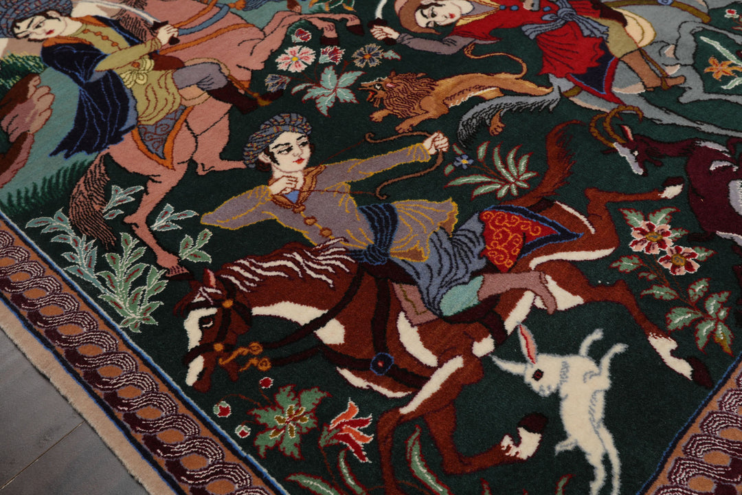 3x4 Green, Blue, Rose Color Hand Knotted Isfahan Wool & Silk Traditional Oriental Rug