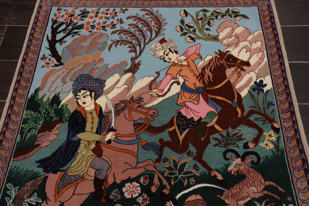 3x4 Green, Blue, Rose Color Hand Knotted Isfahan Wool & Silk Traditional Oriental Rug