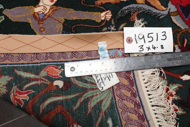 3x4 Green, Blue, Rose Color Hand Knotted Isfahan Wool & Silk Traditional Oriental Rug