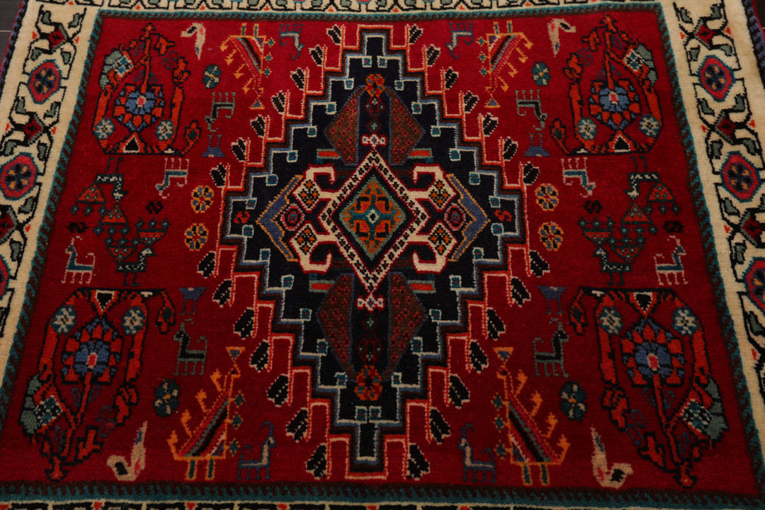 Square Red, Ivory, Navy Color Hand Knotted Abadeh Wool Traditional Oriental Rug