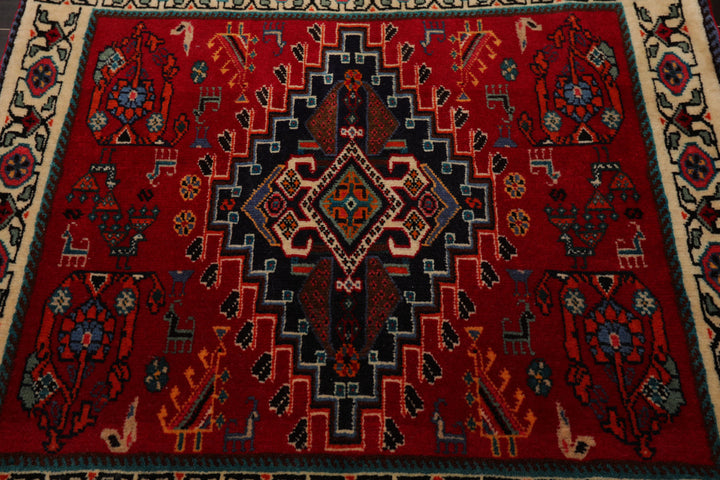 Square Red, Ivory, Navy Color Hand Knotted Abadeh Wool Traditional Oriental Rug
