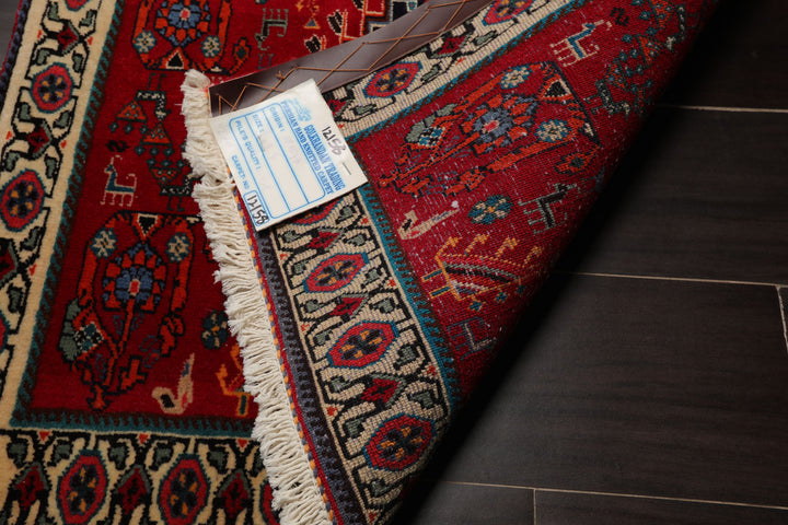 Square Red, Ivory, Navy Color Hand Knotted Abadeh Wool Traditional Oriental Rug
