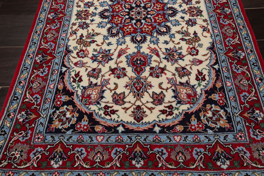 2x3 Ivory, Red, Blue Color Hand Knotted Isfahan Wool & Silk Traditional Oriental Rug