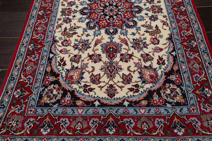 2x3 Ivory, Red, Blue Color Hand Knotted Isfahan Wool & Silk Traditional Oriental Rug