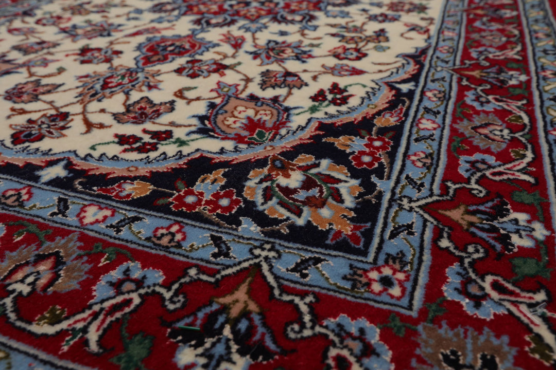 2x3 Ivory, Red, Blue Color Hand Knotted Isfahan Wool & Silk Traditional Oriental Rug