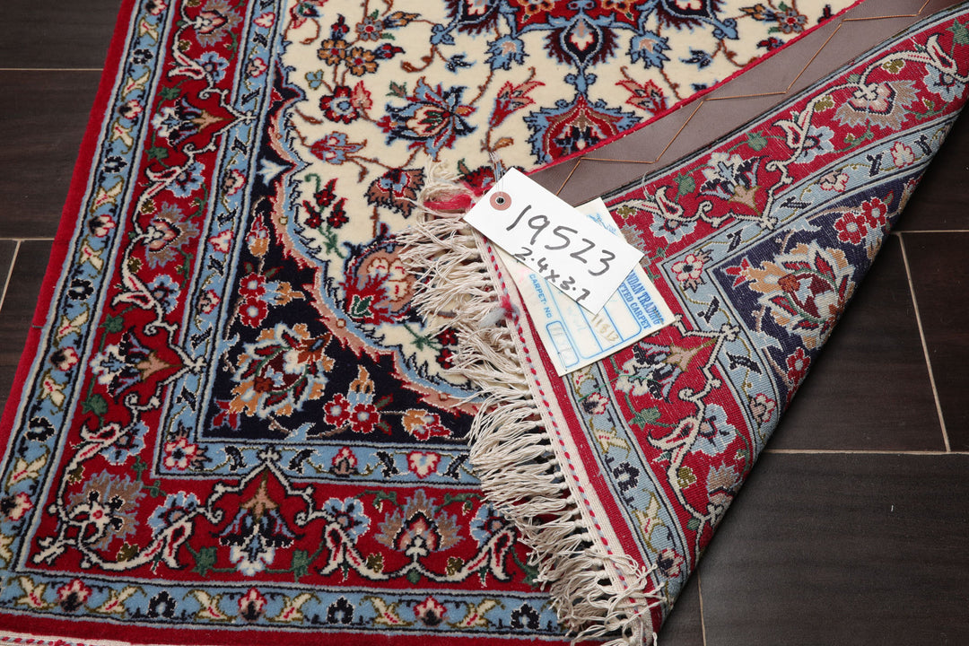 2x3 Ivory, Red, Blue Color Hand Knotted Isfahan Wool & Silk Traditional Oriental Rug