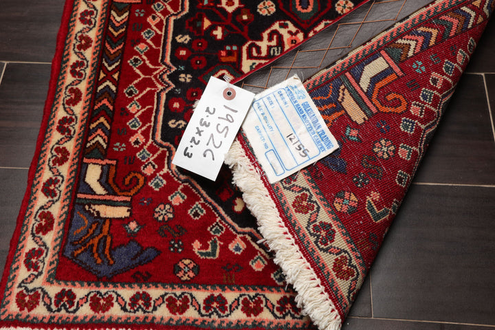 Square Red, Navy, Coal Color Hand Knotted Abadeh Wool Traditional Oriental Rug