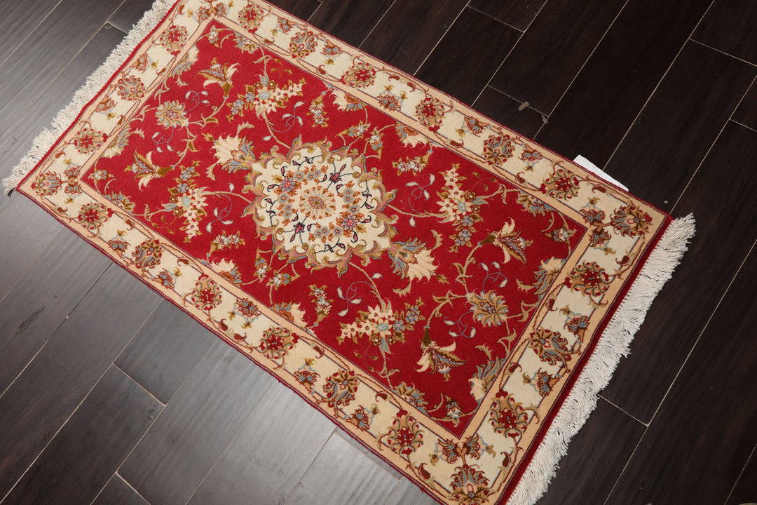 2x4 Rose, Ivory, Green Color Hand Knotted Tabriz Wool & Silk Traditional Oriental Rug