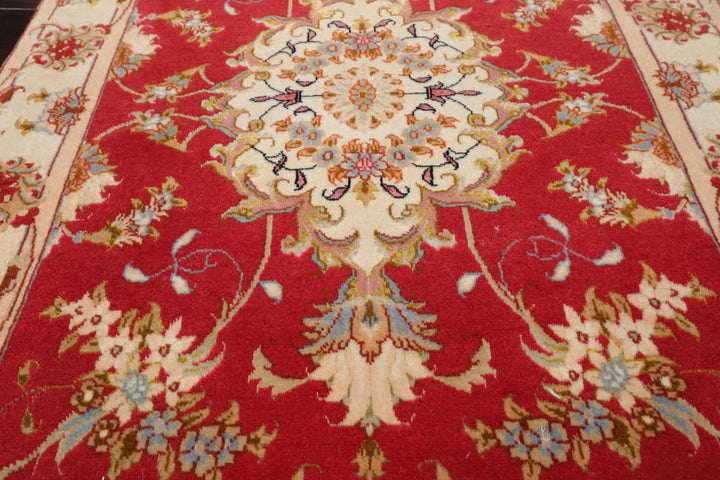 2x4 Rose, Ivory, Green Color Hand Knotted Tabriz Wool & Silk Traditional Oriental Rug