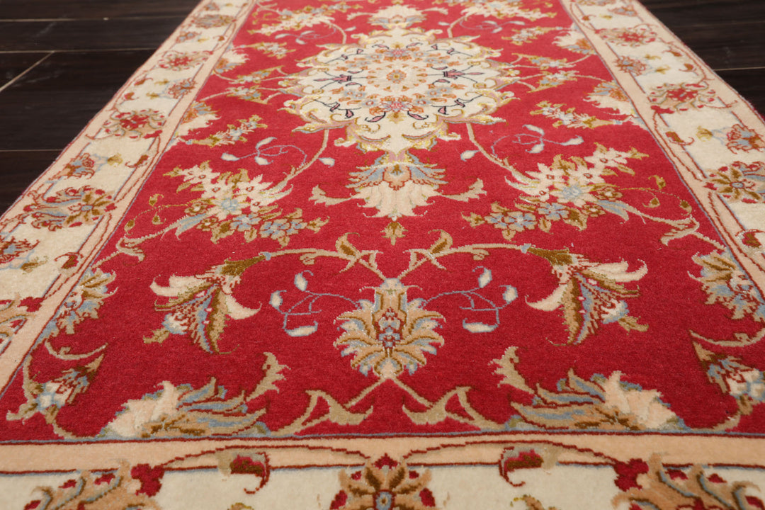 2x4 Rose, Ivory, Green Color Hand Knotted Tabriz Wool & Silk Traditional Oriental Rug