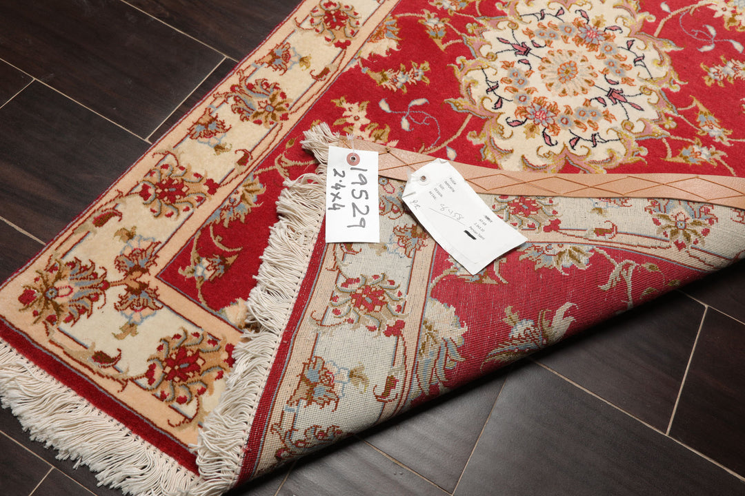 2x4 Rose, Ivory, Green Color Hand Knotted Tabriz Wool & Silk Traditional Oriental Rug