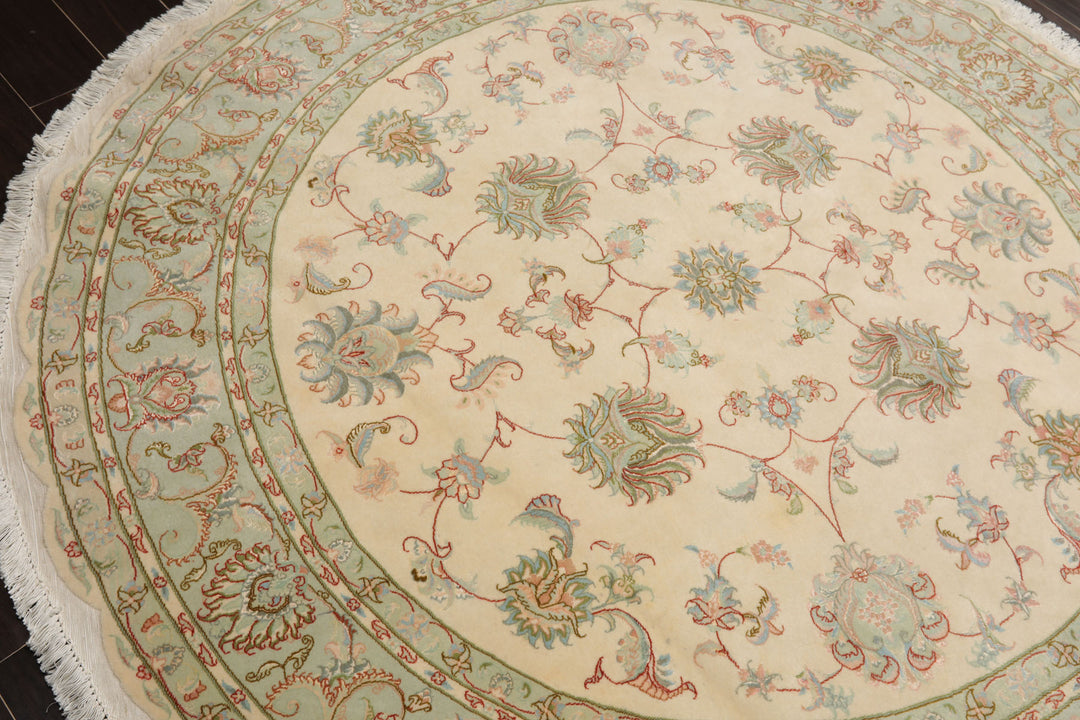 Round Ivory, Mint, Aqua Color Hand Knotted Tabriz Round Wool & Silk Traditional Oriental Rug