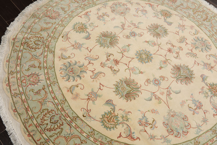 Round Ivory, Mint, Aqua Color Hand Knotted Tabriz Round Wool & Silk Traditional Oriental Rug